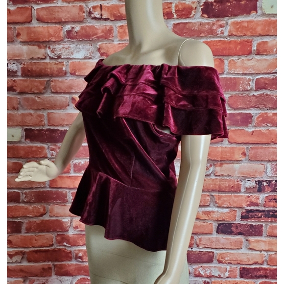 Aqua Red Velvet Ruffled Off Shoulder Top Medium - Picture 4 of 4